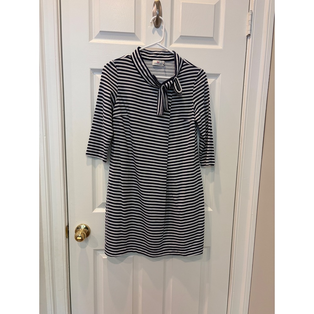 Vineyard Vines Womens XS Navy White Striped Bow Neck Shift Dress Made in Italy